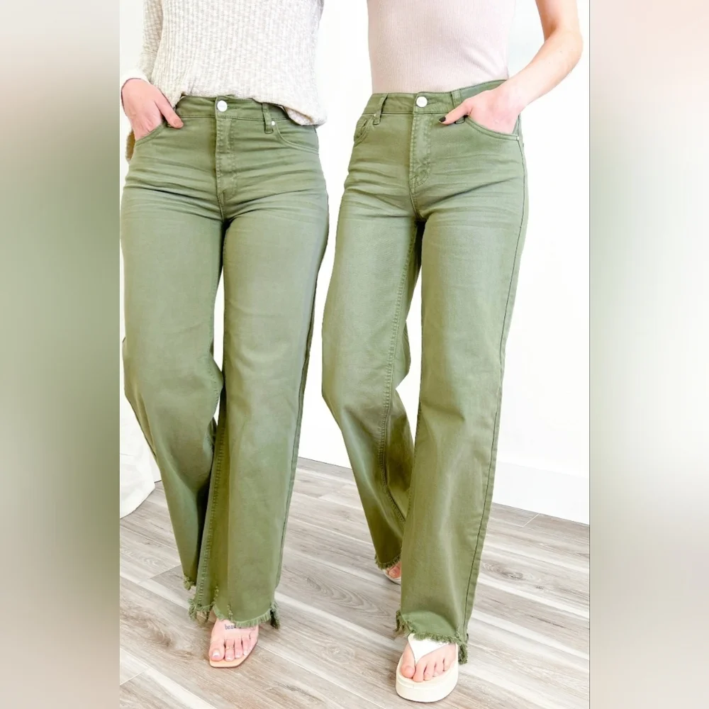 RISEN High Rise Wide Leg Olive Denim Jeans Classic Frayed Hem Size 1/25 NEW - Picture 14 of 15